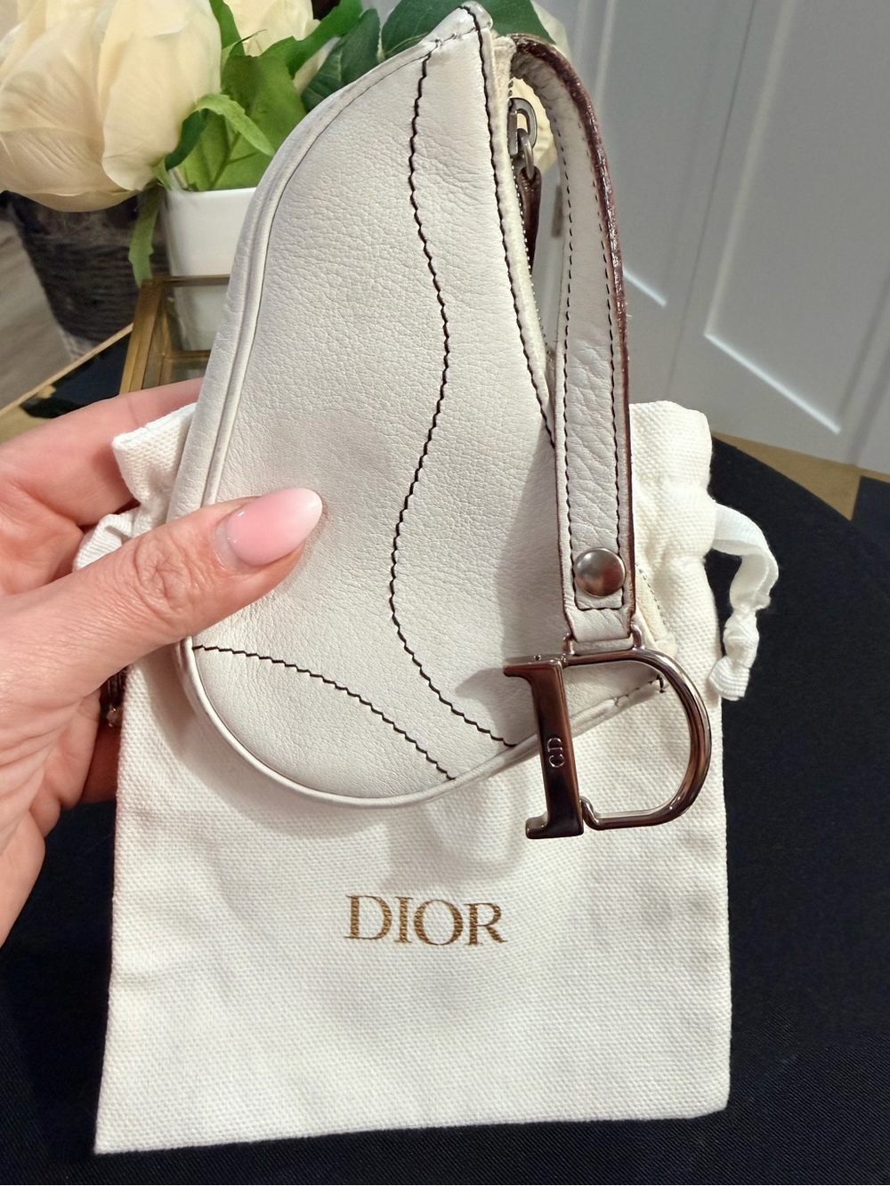 CHRISTIAN DIOR White Leather Saddle Coin Purse | Authentic  + Dust Bag